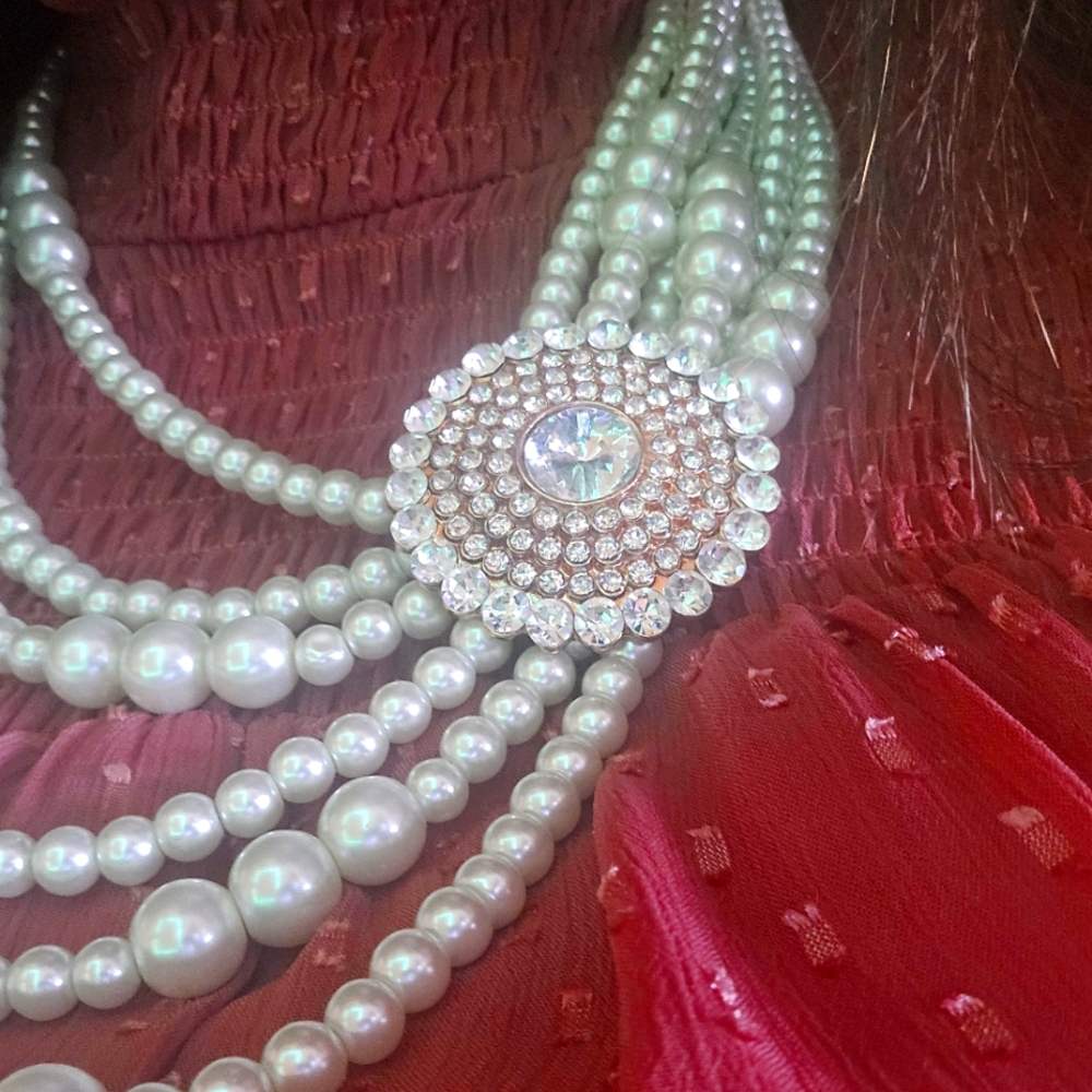 Simulated Pearl Necklace - Statement Rhinestone D… - image 7